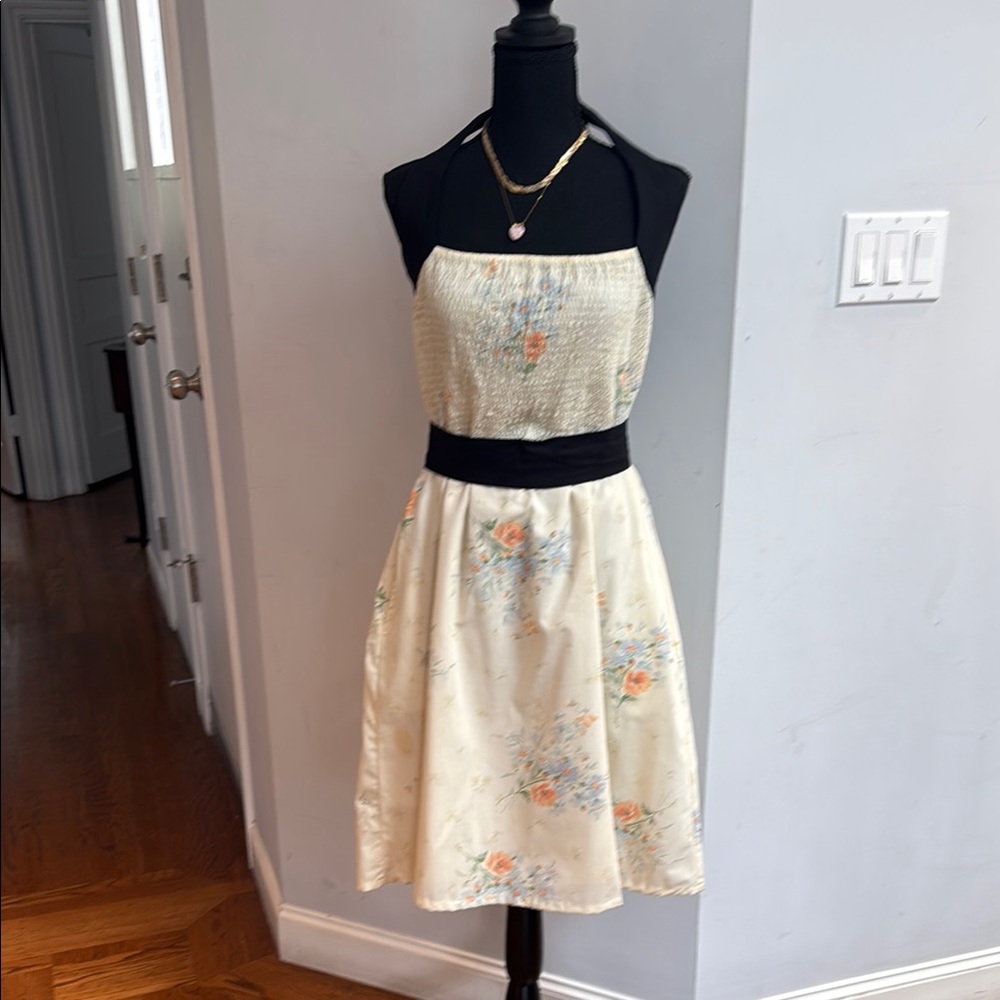 Cream and Black Pleated Halter Sundress for Weddings